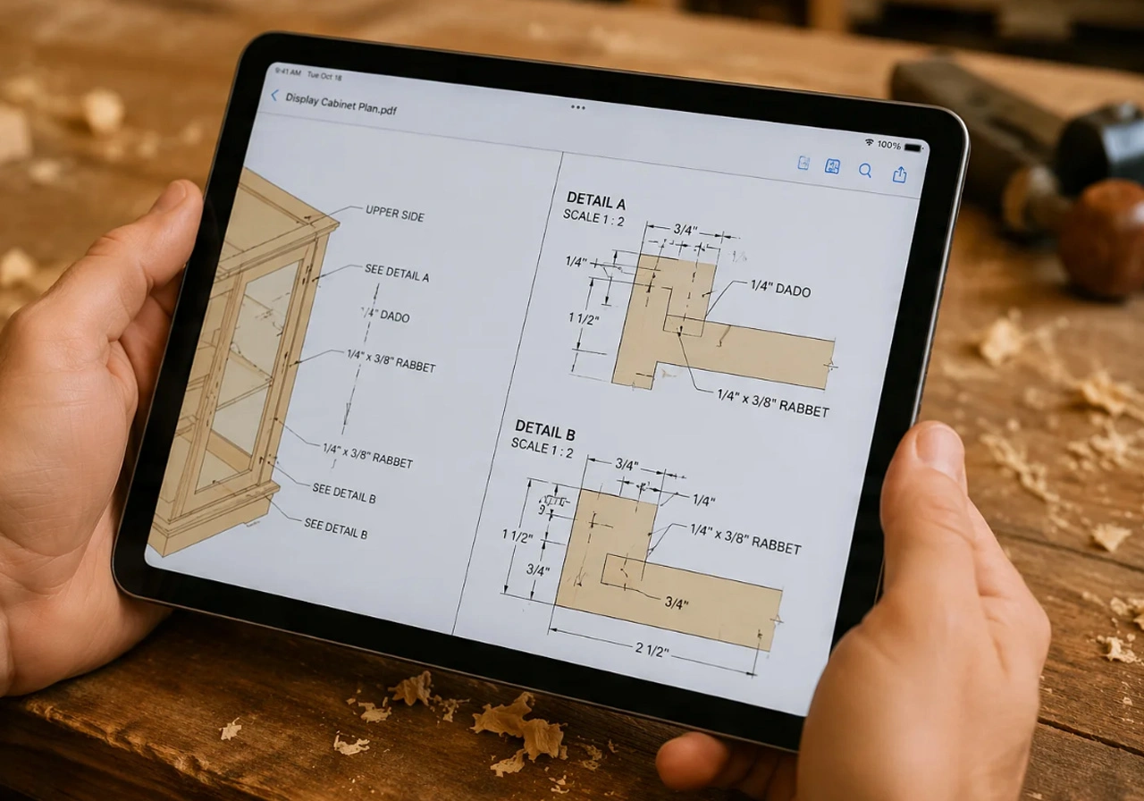 Reading Woodworking Plans PDF on Tablet - hands holding tablet with woodworking plans